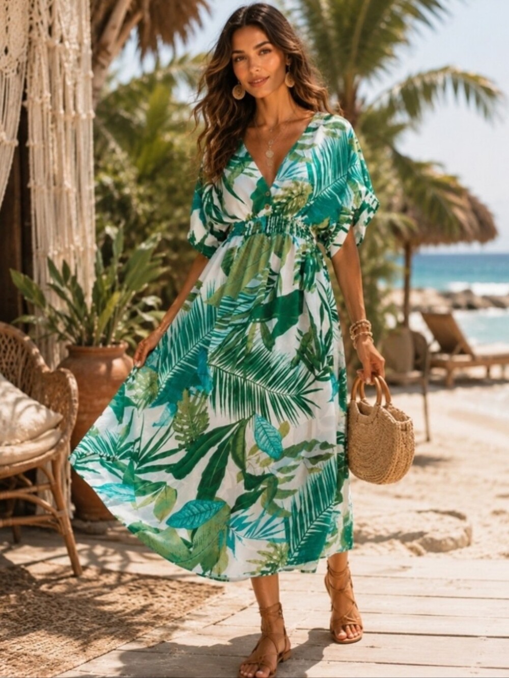 Cupshe NWT Beach Tropical Print Cover Up Dress Batwing Sleeves Midi Length